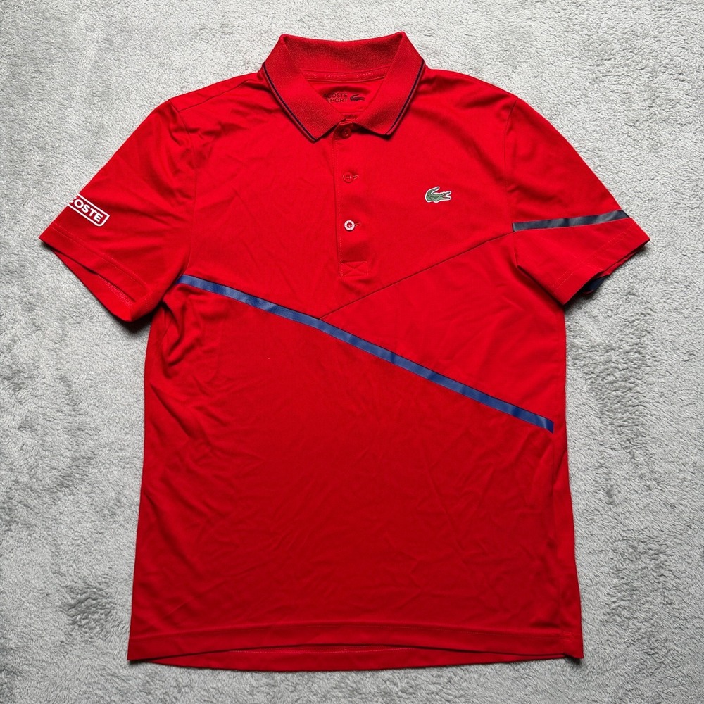 Lacoste Sport Polo Shirt Mens Small Red Blue Stripe Ultra Dry Alligator Tennis